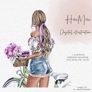 Girl with Flowers Clipart basket with flowers PNG Girl with bicycle Clipart Summer girl illustration Planner Girl downloadable PNG files