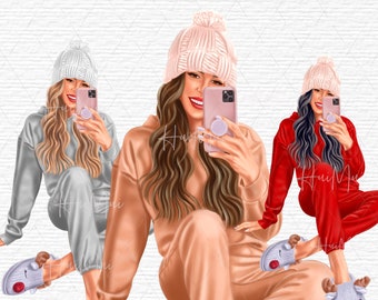 Imágenes prediseñadas de invierno, Ilustración en acuarela, Linda chica de Navidad, Nieve Nevando, Niña de vacaciones, Imágenes prediseñadas de Chrsitmas, Niña con té de café