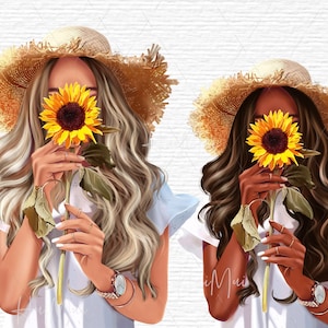 Girl with Sunflowers clipart Summer clipart Sunflower planner printable African American woman with hat and yellow flowers PNG