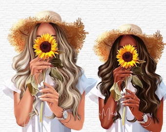 Girl with Sunflowers clipart Summer clipart Sunflower planner printable African American woman with hat and yellow flowers PNG