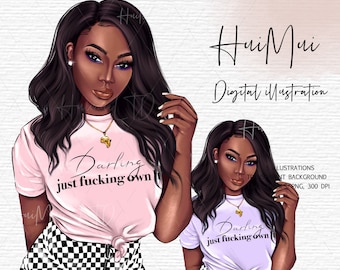 Clipart de niña negra, Clipart afroamericano, Ilustración de moda, Pegatinas de planificador digital, Mujer linda, Clipart de chicas afro, Mujeres negras