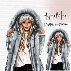Winter clipart, Elegant woman with grey coat, Christmas City girls, Fashion girls clipart, planner stickers supplies digital illustrations