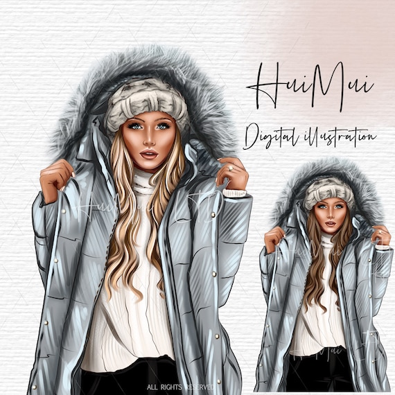 Winter clipart, Elegant woman with grey coat, Christmas City girls, Fashion girls clipart, planner stickers supplies digital illustrations