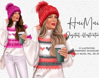 Imágenes prediseñadas de Navidad, Imágenes prediseñadas de vacaciones, Ilustración digital de acuarela de invierno, Chica linda con sombrero, Chica morena con archivos PNG de café