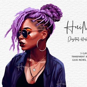 May include: Digital illustration of a woman with purple dreadlocks, wearing sunglasses and a blue jacket. She has a silver necklace with a round pendant and a gold hoop earring.