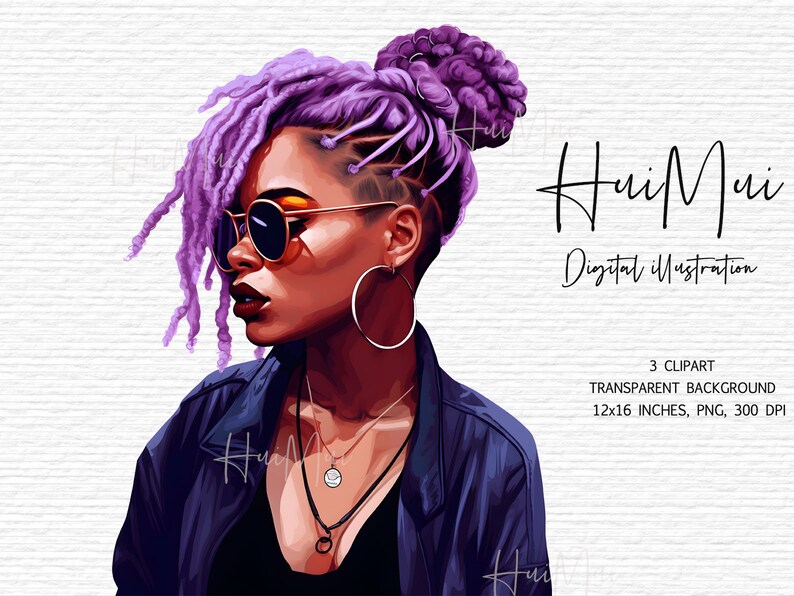 May include: Digital illustration of a woman with purple dreadlocks, wearing sunglasses and a blue jacket. She has a silver necklace with a round pendant and a gold hoop earring.