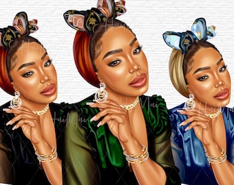 May include: Three digital illustrations of women with dark skin wearing head wraps and colorful outfits. Each woman is wearing a different color head wrap and outfit. The woman on the left is wearing a green outfit, the woman in the middle is wearing a green outfit, and the woman on the right is wearing a blue outfit.