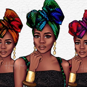 May include: Three digital illustrations of women with dark skin wearing colorful head wraps and leopard print tops. Each woman is wearing gold earrings and bracelets.