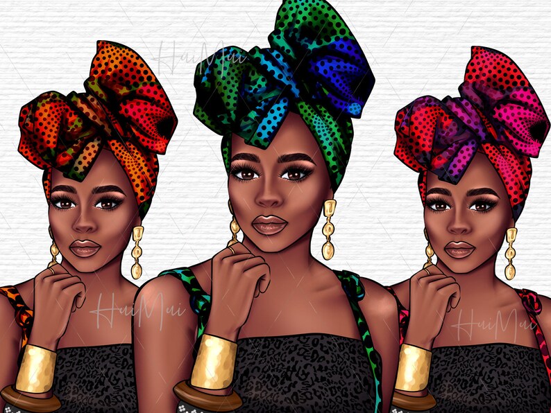 May include: Three digital illustrations of women with dark skin wearing colorful head wraps and leopard print tops. Each woman is wearing gold earrings and bracelets.