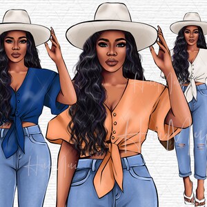 May include: Three illustrations of women wearing white cowboy hats and blue jeans. The women are wearing different colored tops: blue, orange, and white. The women are all smiling and looking at the camera.