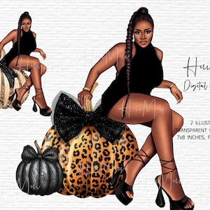 Arte digital glamoroso afroamericano de otoño, elegante mujer afro con estampado animal, calabazas, clipart, decoración otoñal de moda, pegatinas digitales PNG