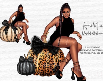 Arte digitale glamour autunnale afroamericana Elegante donna afro con zucche con stampa animalier Clipart Decorazione autunnale alla moda PNG Adesivi digitali