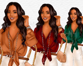 May include: Three illustrations of women wearing different colored shirts with a tied knot at the waist. Each woman is wearing white pants, a necklace, and a handbag. The women have long dark hair and are smiling.
