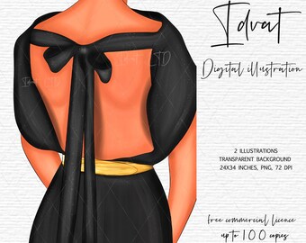 Designer clipart Dress Clip Art Back view dress PNG Fashion girl Clipart Black dress illustration Cute PNG Clipart for Planner Stickers