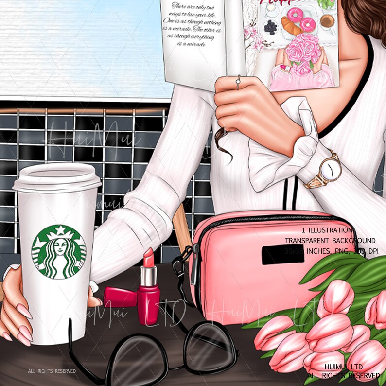 K&ouml;nnte beinhalten: Eine digitale Illustration einer Frau, die an einem Tisch mit einer Tasse Kaffee, einer rosa Handtasche, einer Sonnenbrille, Lippenstift und einem Strau&szlig; rosa Tulpen sitzt. Die Frau liest ein Buch mit dem Text "Es gibt nur zwei M&ouml;glichkeiten, sein Leben zu leben. Die eine ist, als ob nichts ein Wunder w&auml;re. Die andere ist, als ob alles ein Wunder w&auml;re."