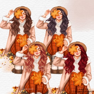 K&ouml;nnte beinhalten: Vier Illustrationen von Frauen mit langen, welligen Haaren, die beige M&auml;ntel und rot-wei&szlig; karierte Hosen tragen. Jede Frau h&auml;lt ein gelbes Blatt vor ihrem Gesicht. Der Hintergrund ist eine wei&szlig;e Backsteinmauer mit verstreuten gelben Bl&auml;ttern.