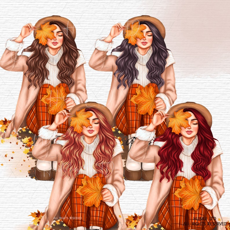 K&ouml;nnte beinhalten: Vier Illustrationen von Frauen mit langen, welligen Haaren, die beige M&auml;ntel und rot-wei&szlig; karierte Hosen tragen. Jede Frau h&auml;lt ein gelbes Blatt vor ihrem Gesicht. Der Hintergrund ist eine wei&szlig;e Backsteinmauer mit verstreuten gelben Bl&auml;ttern.