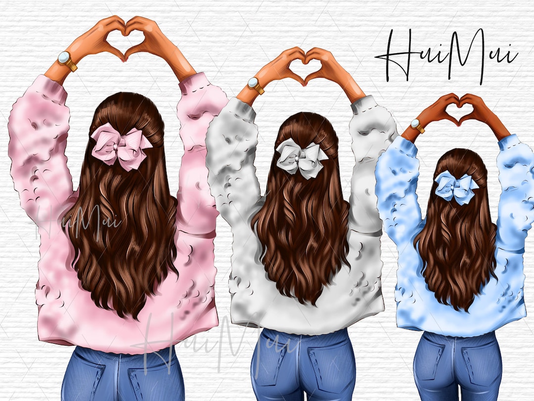 Cute Girl With Pink Blue Purple Ribbon, Fashion Illustration, PNG