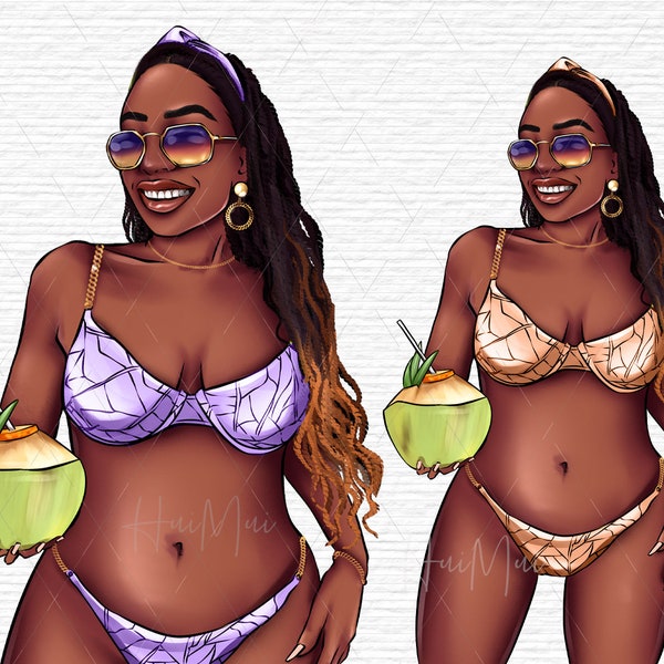 Summer Beach clipart, African American women in swimsuits, Pool party clipart, Vacation clipart, Ocean holiday nautical digital illustration