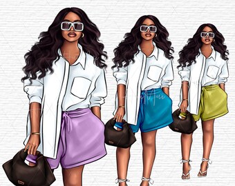 Clipart de chica de moda callejera, clipart de mujer negra, portada de planificador de moda, clipart de moda afroamericana, imagen de lady boss PNG Cricut