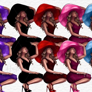 May include: Digital illustration of multiple figures in various colors, each wearing a large, wide-brimmed hat and a matching dress. The figures are in shades of purple, black, red, pink, and blue, with high-heeled shoes.