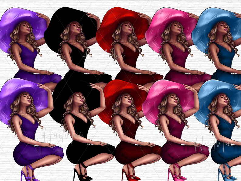 May include: Digital illustration of multiple figures in various colors, each wearing a large, wide-brimmed hat and a matching dress. The figures are in shades of purple, black, red, pink, and blue, with high-heeled shoes.