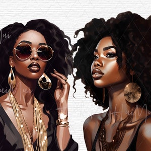 Può includere: Due illustrazioni digitali di donne con la pelle marrone scuro e grandi acconciature afro ricci e marroni scuri. Entrambe le donne indossano gioielli d'oro, tra cui grandi orecchini a cerchio e collane. La donna a sinistra indossa occhiali da sole e un braccialetto d'oro al polso. La donna a destra guarda in alto e indossa una collana a catena d'oro con un ciondolo.