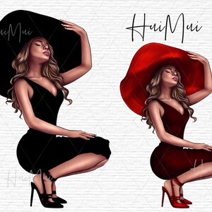 May include: Illustration of a woman in a black dress and a large black hat, and another in a red dress and hat. Both are in a squatting pose, with high heels. The text "HuiMui" is written in cursive above the woman in the red hat.