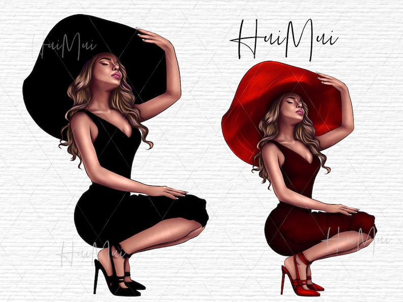 May include: Illustration of a woman in a black dress and a large black hat, and another in a red dress and hat. Both are in a squatting pose, with high heels. The text "HuiMui" is written in cursive above the woman in the red hat.
