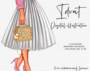 Könnte beinhalten: Digitale Illustration einer Frau, die ein rosa Oberteil, einen grauen Faltenrock und rosa High Heels trägt. Sie trägt eine goldene Ketten-Tasche mit einem Chanel-Logo. Der Hintergrund ist weiß.