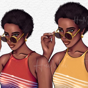 Summer African American Woman clipart, Black Woman Natural hair, Fashion Girl Clipart, Beach clipart, Black Woman PNG with long dress