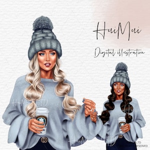 Winter clipart, Snow Snowing, City girls, Fashion girls clipart with grey hat and outfit, planner stickers supplies digital illustrations