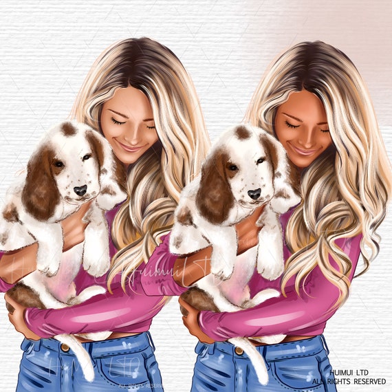 Planner clipart PNG, spring illustration, Cute girl with dog digital illustration, white puppy pet clipart, print on demand graphics