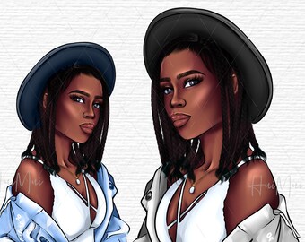 School girl clipart, College clipart, Student girl clipart, Fashion girl clipart, Denim girl clipart, African American girls with braids
