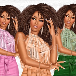 Summer African American Woman clipart, Black Woman Natural hair, Fashion Girl Clipart, Beach clipart, Black Woman PNG with shorts
