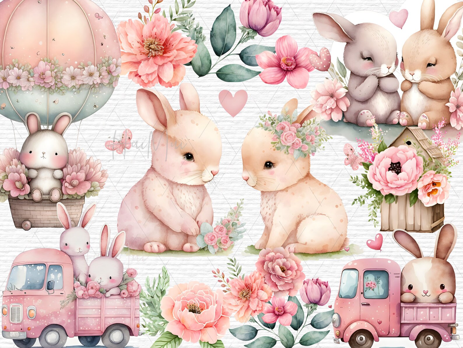 Spring Bunnies Watercolor Animals and Pink Floral Clipart Easter Rabbit ...
