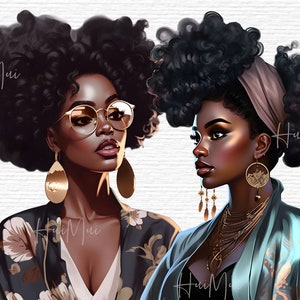 May include: Two women with afro hairstyles wearing gold jewelry and colorful patterned robes. One woman is wearing glasses and looking at the camera. The other woman is looking to the side.