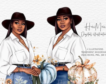 Bellissimo set di arte digitale autunnale afroamericana Moda autunnale Donna afroamericana Clipart Zucche autunnali e accenti floreali Download digitale