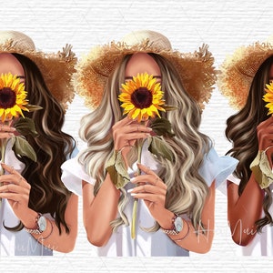 Pu&ograve; includere: Tre donne con diverse tonalit&agrave; della pelle indossano cappelli di paglia e camicie bianche. Ogni donna tiene un girasole davanti al viso.