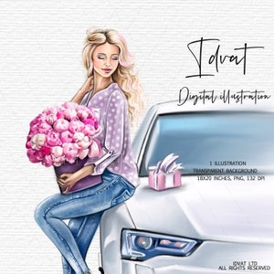 Woman Clipart, Blond Girl Clipart, Flowers illustration, Planner Girl, Car, Fashion print, Instant download, blond-haired woman, PNG files