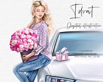 Könnte beinhalten: Eine digitale Illustration einer Frau in einem lila-weiß gepunkteten Hemd und blauen Jeans, die einen Strauß rosa Pfingstrosen hält. Sie steht neben einem weißen Auto mit einer rosa Geschenkbox auf der Motorhaube. Der Text "Idvat Digital Illustration" befindet sich in der oberen rechten Ecke des Bildes.