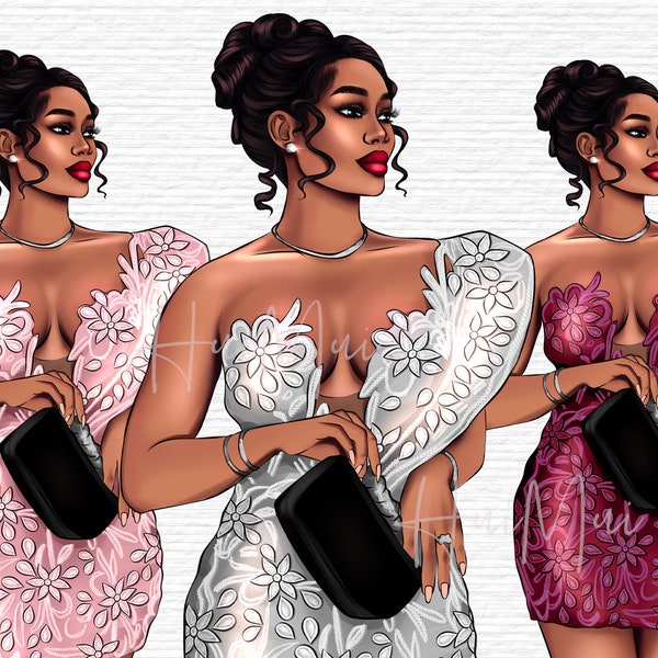 African American Woman with formal evening dress, Fashion Girl Clipart, Afro Woman, Black Woman Clipart, Girl Clipart, Afro Girl