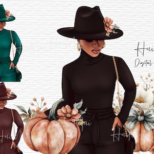 Arte digital afroamericano elegante de otoño Mujer afro con sombrero elegante y cuello alto Clipart Ilustración floral de calabaza de otoño Sublimación PNG