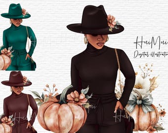 Elegante arte digitale autunnale afroamericana donna afro in cappello chic e dolcevita clipart zucca autunnale illustrazione floreale PNG sublimazione