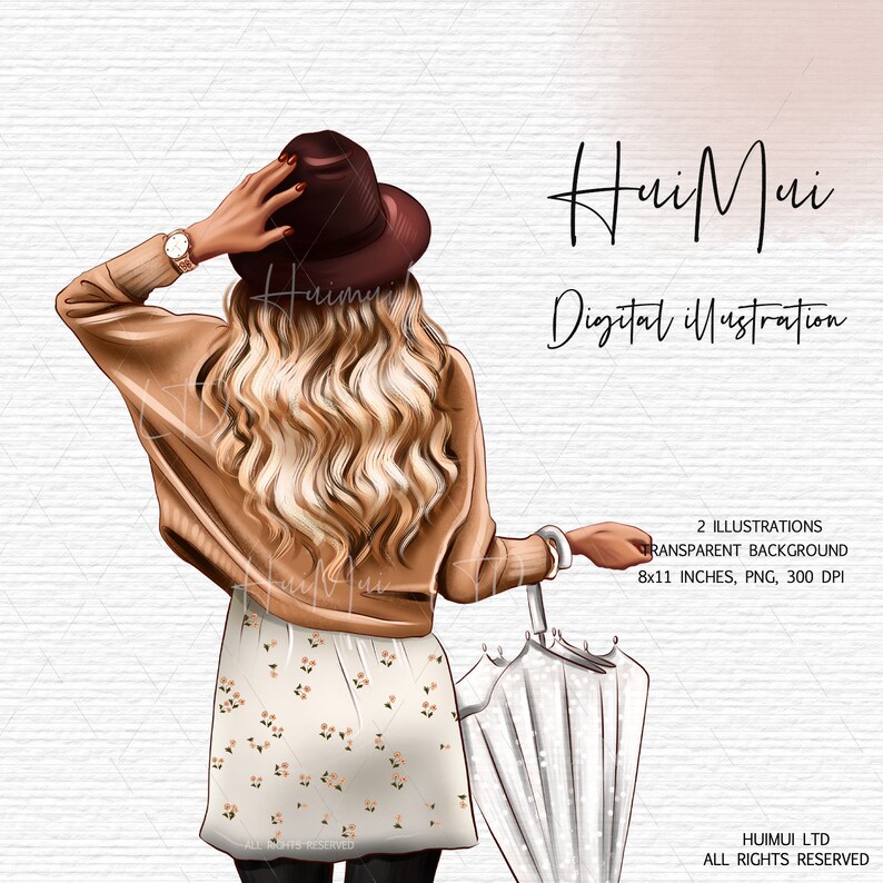 May include: A digital illustration of a woman with long blonde hair wearing a brown sweater, a white skirt with a floral pattern, a brown hat, and holding a white umbrella. The background is a light brown textured surface.
