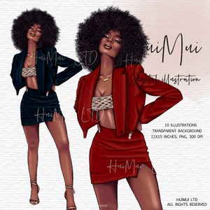 May include: Two digital illustrations of a woman with an afro hairstyle wearing a red or blue blazer and skirt. The woman is wearing a gold necklace and a patterned top.