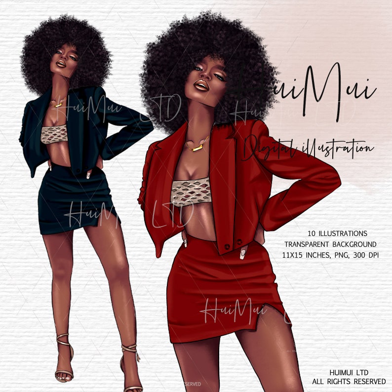 May include: Two digital illustrations of a woman with an afro hairstyle wearing a red or blue blazer and skirt. The woman is wearing a gold necklace and a patterned top.