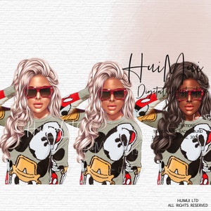 May include: Three digital illustrations of women wearing a grey sweater with a Mickey Mouse design. The women have different hair colours and styles. The sweater has red, yellow, and black accents. The text "Huimu Digital Illustrations" is at the bottom of the image.