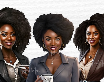 May include: Three digital illustrations of Black women with afro hairstyles wearing business attire and holding coffee mugs. The women are smiling and looking at the camera.