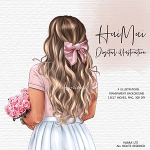 Cute girl with pink Rosses clipart, Fashion illustration, PNG File for Wall Art Print, Instant Download, Printable Art, Planner stickers art